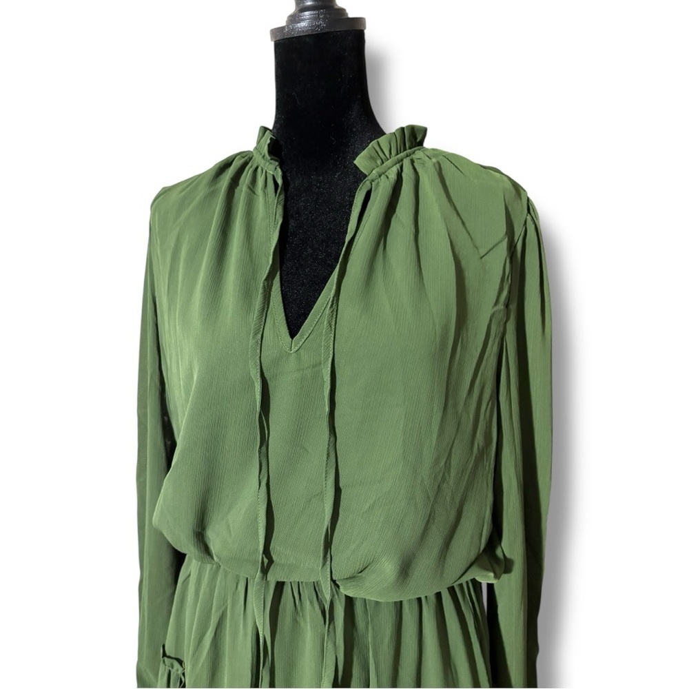 Amazon Army Green Ruffled Tiered V Neck Tie Loose Fit Long Sleeve Mini Sundress - Picture 8 of 16